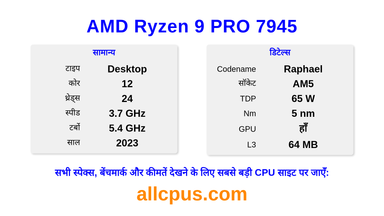 AMD Ryzen 9 PRO 7945 CPU की स्पेसिफिकेशन और बेंचमार्क