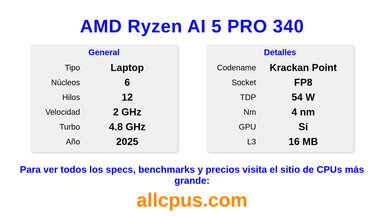 AMD Ryzen AI 5 PRO 340 Especificaciones y benchmarks de la CPU