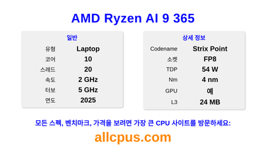 AMD Ryzen AI 9 365 CPU 사양과 벤치마크