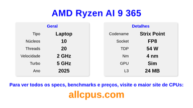 AMD Ryzen AI 9 365 Especificações e benchmarks da CPU