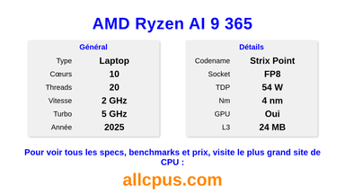 AMD Ryzen AI 9 365 Spécifications et benchmarks du CPU