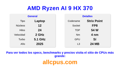 AMD Ryzen AI 9 HX 370 Especificaciones y benchmarks de la CPU