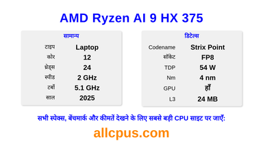 AMD Ryzen AI 9 HX 375 CPU की स्पेसिफिकेशन और बेंचमार्क