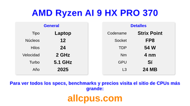 AMD Ryzen AI 9 HX PRO 370 Especificaciones y benchmarks de la CPU