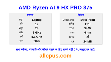AMD Ryzen AI 9 HX PRO 375 CPU की स्पेसिफिकेशन और बेंचमार्क