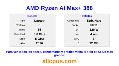 AMD Ryzen AI Max+ 388 Especificaciones y benchmarks de la CPU