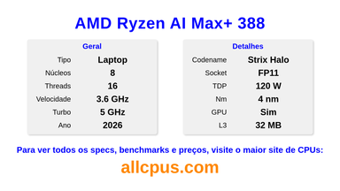 AMD Ryzen AI Max+ 388 Especificações e benchmarks da CPU