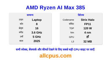 AMD Ryzen AI Max 385 CPU की स्पेसिफिकेशन और बेंचमार्क