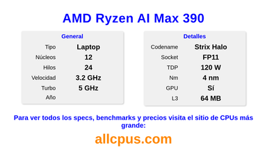 AMD Ryzen AI Max 390 Especificaciones y benchmarks de la CPU