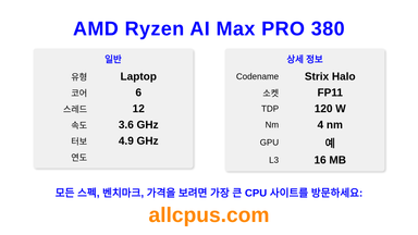AMD Ryzen AI Max PRO 380 CPU 사양과 벤치마크