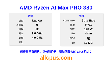 AMD Ryzen AI Max PRO 380 CPU 规格和跑分
