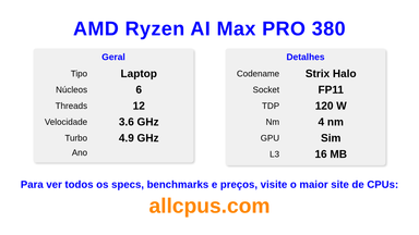 AMD Ryzen AI Max PRO 380 Especificações e benchmarks da CPU