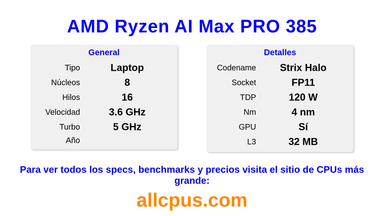 AMD Ryzen AI Max PRO 385 Especificaciones y benchmarks de la CPU