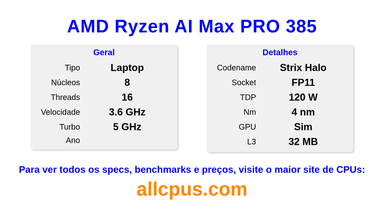 AMD Ryzen AI Max PRO 385 Especificações e benchmarks da CPU