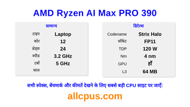 AMD Ryzen AI Max PRO 390 CPU की स्पेसिफिकेशन और बेंचमार्क