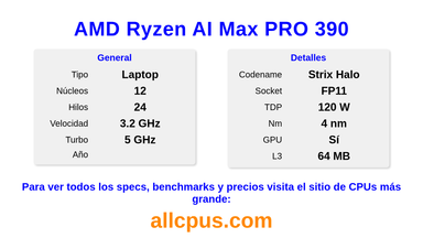 AMD Ryzen AI Max PRO 390 Especificaciones y benchmarks de la CPU