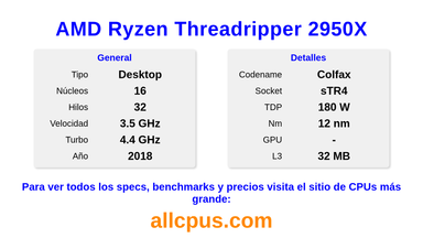 AMD Ryzen Threadripper 2950X Especificaciones y benchmarks de la CPU