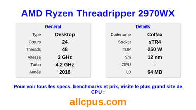 AMD Ryzen Threadripper 2970WX Spécifications et benchmarks du CPU