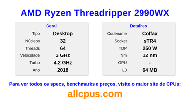 AMD Ryzen Threadripper 2990WX Especificações e benchmarks da CPU