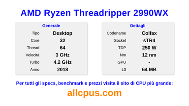 AMD Ryzen Threadripper 2990WX Specifiche e benchmark della CPU