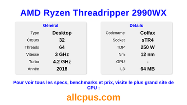 AMD Ryzen Threadripper 2990WX Spécifications et benchmarks du CPU