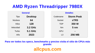 AMD Ryzen Threadripper 7980X Especificaciones y benchmarks de la CPU