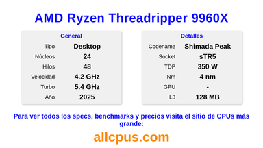 AMD Ryzen Threadripper 9960X Especificaciones y benchmarks de la CPU