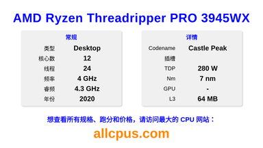AMD Ryzen Threadripper PRO 3945WX CPU 规格和跑分