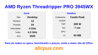 AMD Ryzen Threadripper PRO 3945WX Especificações e benchmarks da CPU