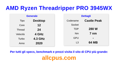 AMD Ryzen Threadripper PRO 3945WX Specifiche e benchmark della CPU