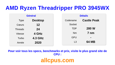 AMD Ryzen Threadripper PRO 3945WX Spécifications et benchmarks du CPU