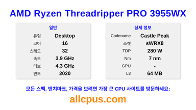 AMD Ryzen Threadripper PRO 3955WX CPU 사양과 벤치마크