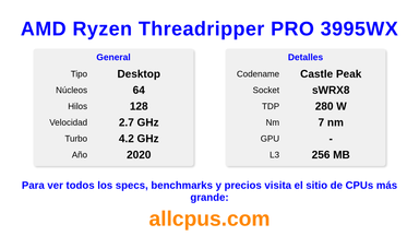 AMD Ryzen Threadripper PRO 3995WX Especificaciones y benchmarks de la CPU