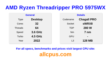 AMD Ryzen Threadripper PRO 5975WX CPU Specifications and Benchmark