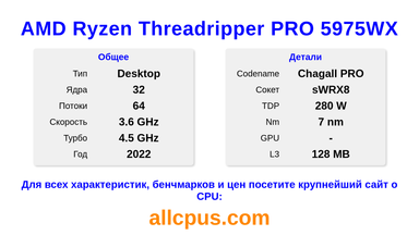 AMD Ryzen Threadripper PRO 5975WX Характеристики и бенчмарки CPU