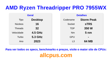 AMD Ryzen Threadripper PRO 7955WX Especificações e benchmarks da CPU