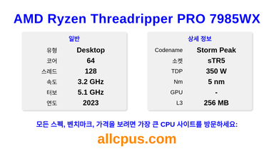 AMD Ryzen Threadripper PRO 7985WX CPU 사양과 벤치마크