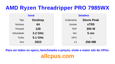 AMD Ryzen Threadripper PRO 7985WX Especificações e benchmarks da CPU