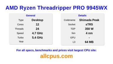 AMD Ryzen Threadripper PRO 9945WX CPU Specifications and Benchmark