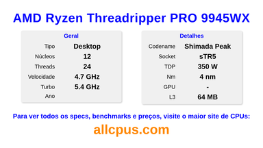 AMD Ryzen Threadripper PRO 9945WX Especificações e benchmarks da CPU