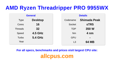 AMD Ryzen Threadripper PRO 9955WX CPU Specifications and Benchmark