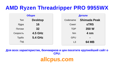 AMD Ryzen Threadripper PRO 9955WX Характеристики и бенчмарки CPU