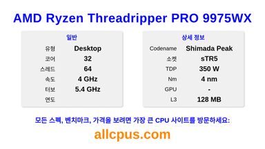 AMD Ryzen Threadripper PRO 9975WX CPU 사양과 벤치마크