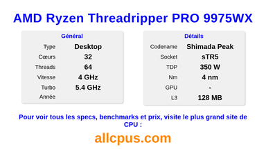 AMD Ryzen Threadripper PRO 9975WX Spécifications et benchmarks du CPU