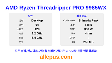 AMD Ryzen Threadripper PRO 9985WX CPU 사양과 벤치마크