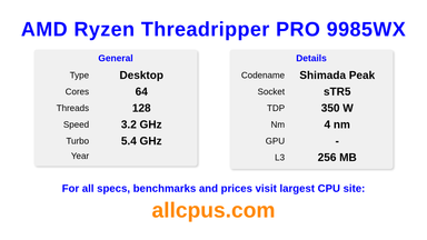 AMD Ryzen Threadripper PRO 9985WX CPU Specifications and Benchmark