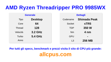 AMD Ryzen Threadripper PRO 9985WX Specifiche e benchmark della CPU