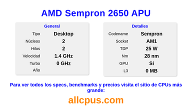AMD Sempron 2650 APU Especificaciones y benchmarks de la CPU