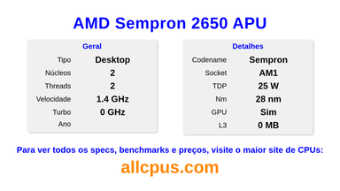 AMD Sempron 2650 APU Especificações e benchmarks da CPU