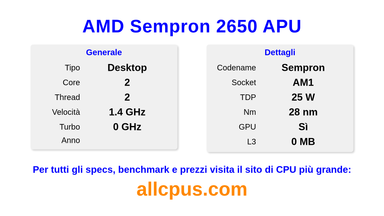 AMD Sempron 2650 APU Specifiche e benchmark della CPU